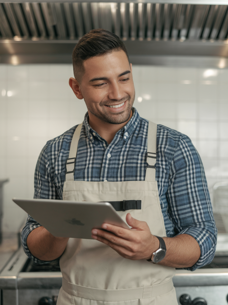 Smiling technician holding tablet in commercial kitchen