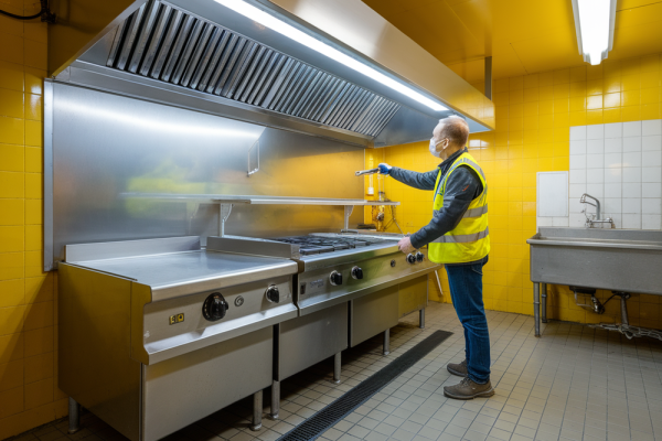 Worker spraying commercial kitchen exhaust hood for deep cleaning